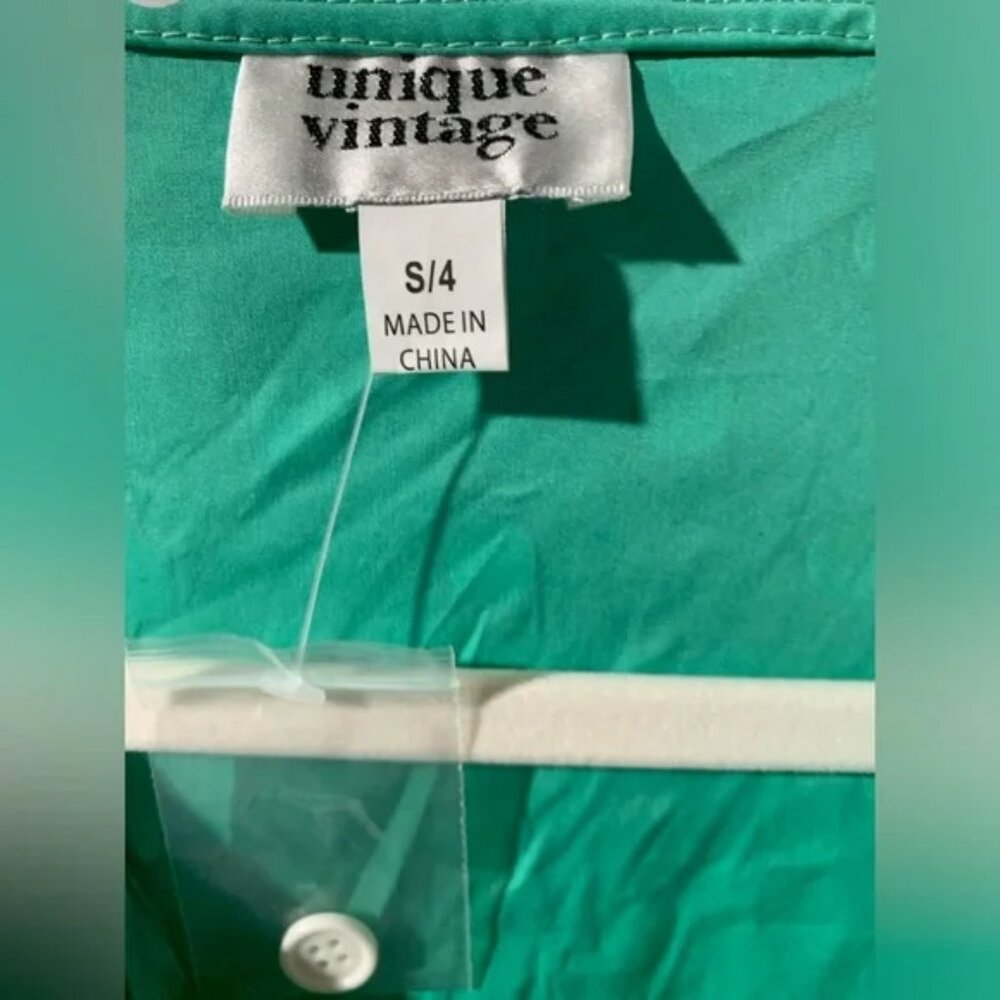 NWT S 4 Unique Vintage Seafoam & White Polka Dot Bow & Belted Sailor Swing Dress - Picture 4 of 8